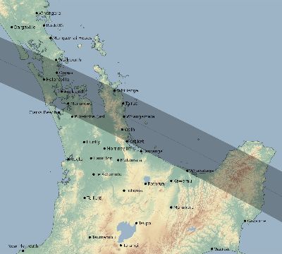 Map of the eclipse path across New Zealand on 06/30/1516