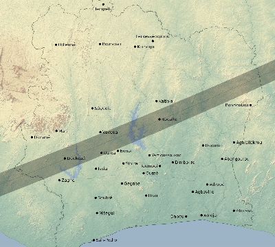Map of the eclipse path across Côte d'Ivoire (Ivory Coast) on 12/23/1516