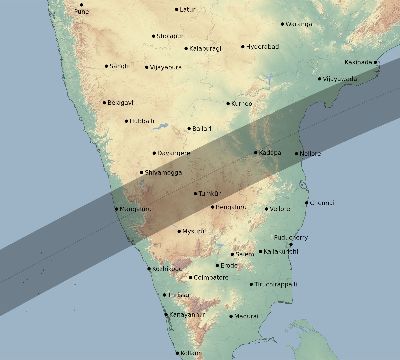 Map of the eclipse path across India on 06/19/1517