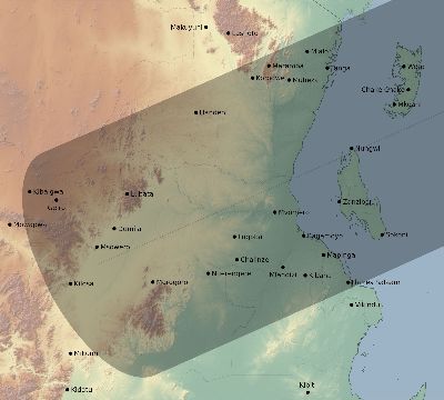 Map of the eclipse path across Tanzania on 06/19/1517