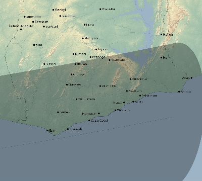 Map of the eclipse path across Ghana on 10/11/1520