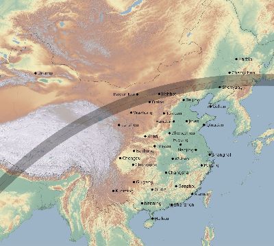 Map of the eclipse path across China on 04/07/1521