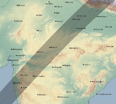 Map of the eclipse path across India on 04/07/1521
