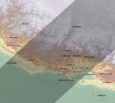 Map of the eclipse path across Nepal on 04/07/1521