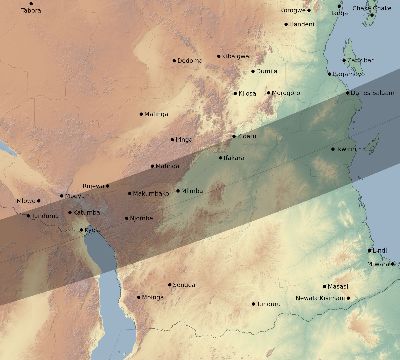 Map of the eclipse path across Tanzania on 04/07/1521