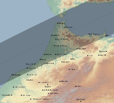 Map of the eclipse path across Morocco on 01/23/1525