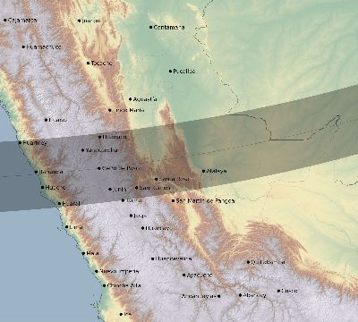 Map of the eclipse path across Peru on 01/23/1525