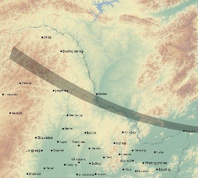 Map of the eclipse path across China on 01/13/1526