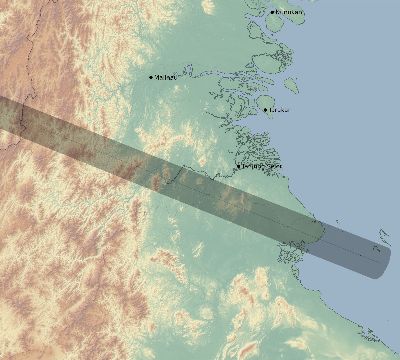 Map of the eclipse path across Indonesia on 05/18/1528