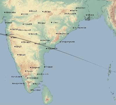 Map of the eclipse path across India on 05/18/1528