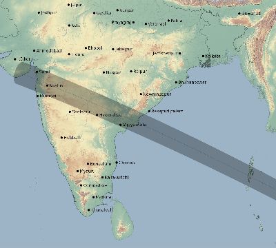 Map of the eclipse path across India on 11/12/1528