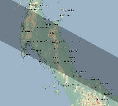 Map of the eclipse path across Thailand on 11/12/1528