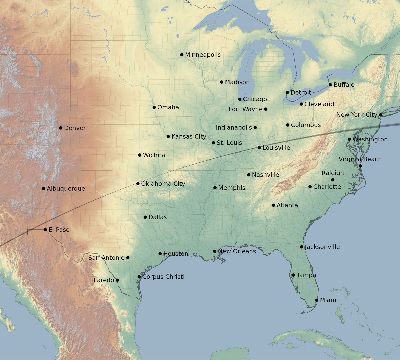 Map of the eclipse path across United States on 03/18/1531