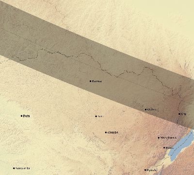 Map of the eclipse path across DR Congo on 08/30/1532