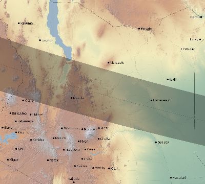 Map of the eclipse path across Kenya on 08/30/1532