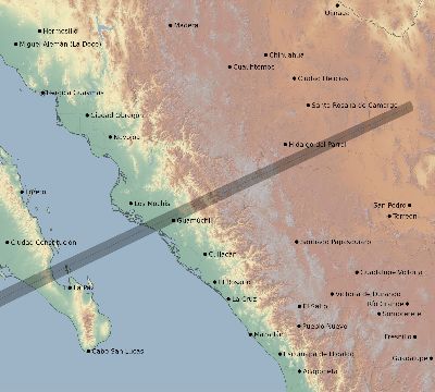 Map of the eclipse path across Mexico on 01/03/1535
