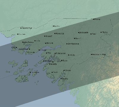 Map of the eclipse path across Guinea-Bissau on 06/30/1535