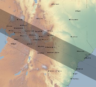 Map of the eclipse path across Kenya on 06/30/1535