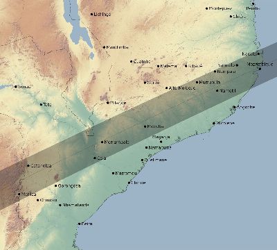 Map of the eclipse path across Mozambique on 12/24/1535
