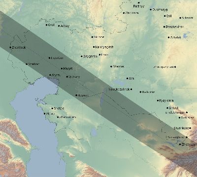 Map of the eclipse path across Kazakhstan on 06/18/1536