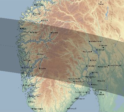 Map of the eclipse path across Norway on 06/18/1536