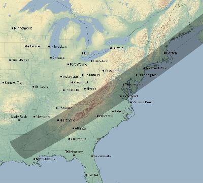 Map of the eclipse path across United States on 06/18/1536
