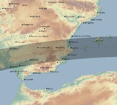 Map of the eclipse path across Spain on 04/18/1539
