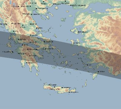 Map of the eclipse path across Greece on 04/18/1539