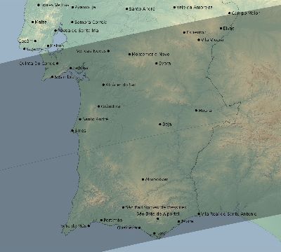 Map of the eclipse path across Portugal on 04/18/1539