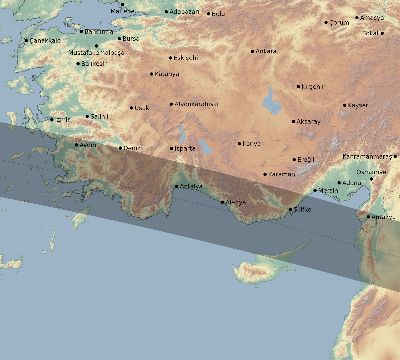 Map of the eclipse path across Turkey on 04/18/1539