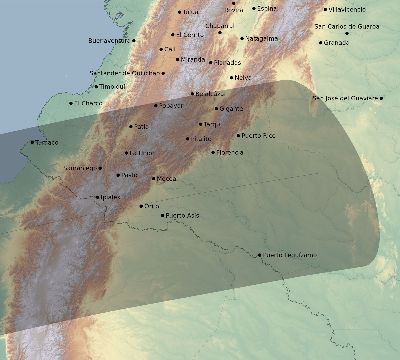 Map of the eclipse path across Colombia on 02/14/1542