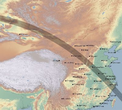 Map of the eclipse path across China on 08/11/1542