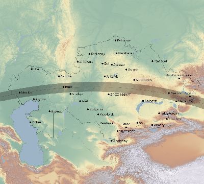 Map of the eclipse path across Kazakhstan on 08/11/1542