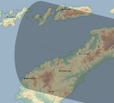 Map of the eclipse path across Indonesia on 02/03/1543