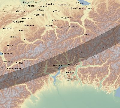 Map of the eclipse path across Switzerland on 01/24/1544