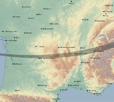 Map of the eclipse path across France on 01/24/1544