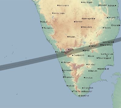 Map of the eclipse path across India on 03/29/1549