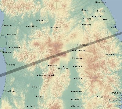 Map of the eclipse path across Japan on 03/29/1549