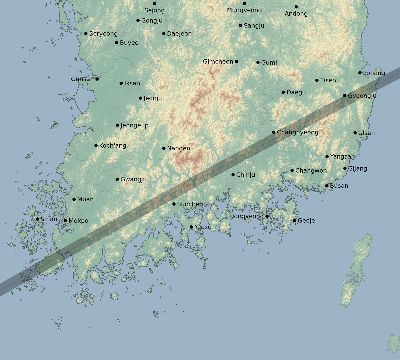 Map of the eclipse path across South Korea on 03/29/1549