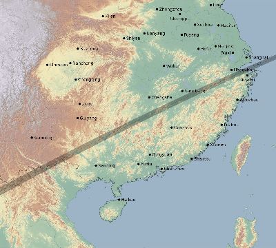 Map of the eclipse path across China on 01/14/1553