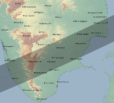 Map of the eclipse path across India on 01/14/1553