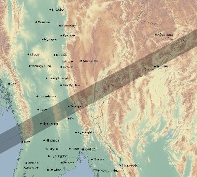 Map of the eclipse path across Myanmar on 01/14/1553