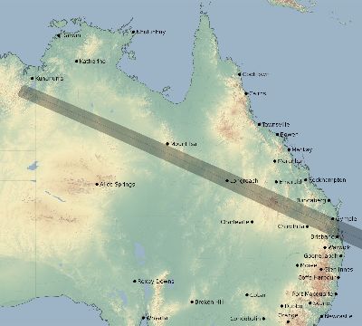 Map of the eclipse path across Australia on 01/03/1554