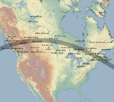 Map of the eclipse path across Canada on 06/29/1554