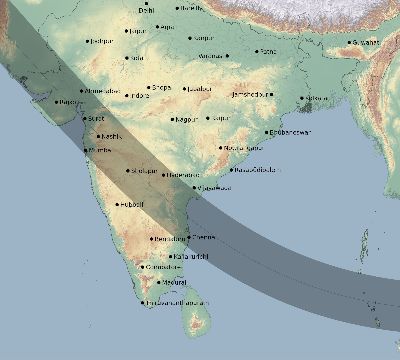 Map of the eclipse path across India on 11/02/1556
