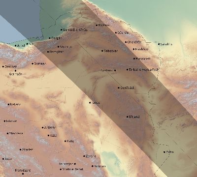 Map of the eclipse path across Iran on 11/02/1556
