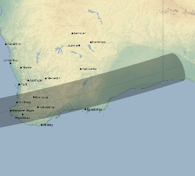 Map of the eclipse path across Australia on 10/22/1557