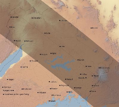 Map of the eclipse path across Uganda on 10/22/1557