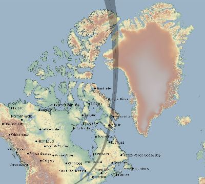 Map of the eclipse path across Canada on 04/18/1558