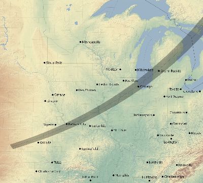 Map of the eclipse path across United States on 04/18/1558
